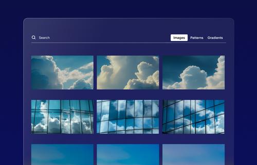 Image library interface showing a search bar and a selection of cloud and sky photos, including reflections on glass buildings, for use as website backgrounds.