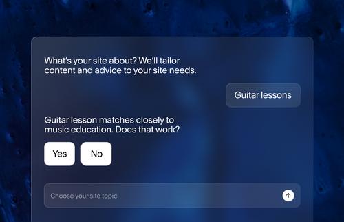 Website setup screen asking the user to describe their site topic, with “Guitar lessons” entered and a suggestion to match it to music education, along with Yes and No options.