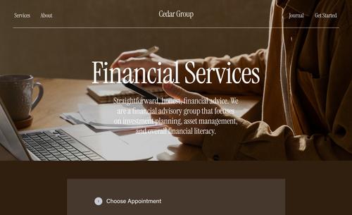 Scheduling homepage featuring appointment scheduling interface and preview of a client financial services website