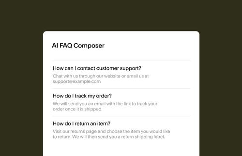 Screen displaying AI-generated FAQs with answers, including customer support contact, order tracking, and return instructions.