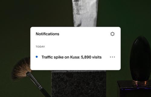 Notification panel showing an alert for a traffic spike on site “Kusa” with 5,890 visits today.