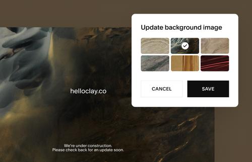 Domain parking page with customizable background image options and editing overlay showing preview and save/cancel controls.