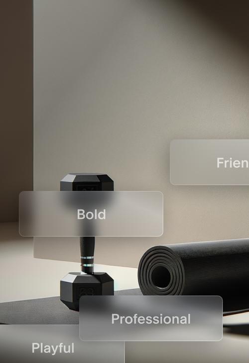 A fitness-themed product photo showing a black dumbbell and a rolled-up yoga mat on an exercise mat. The image has translucent text overlays displaying brand personality traits: ’Playful’, ’Professional’, ’Bold’, and ’Friendly’.