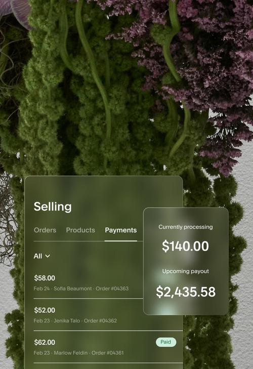 Preview of a selling dashboard with the payments tab highlighted and a summary of revenue currently processing, as well as an upcoming payout.
