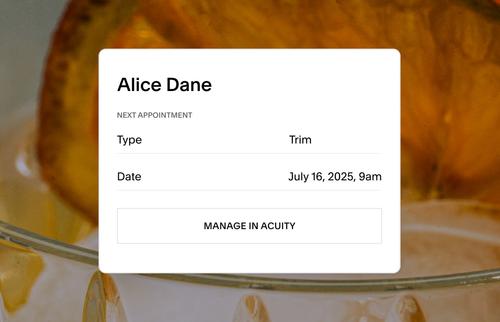 Appointment scheduling interface showing client Alice Dane’s upcoming appointment for a trim on July 16, 2025 at 9am, with an option to manage the booking in Acuity.