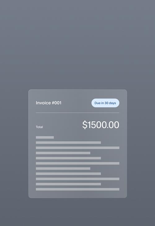 Invoice user interface card showing `Invoice #001` with a due date label `Due in 30 days` and a total amount of `$1,500.00`.