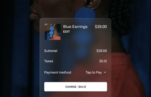 Mobile checkout experience showing a customer purchasing blue earrings using Tap to Pay, with subtotal, taxes, and total charge displayed.